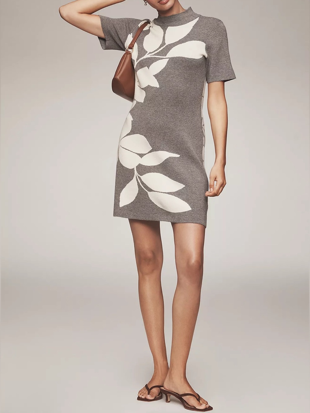 By Anthropologie Mock Neck Short Sleeve Knit Floral Gray Mini Dress Size XS